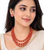 Red coral bead 3-layer necklace set with pearl stud earrings