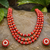 Red coral bead 3-layer necklace set with pearl stud earrings
