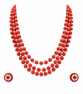 Red coral bead 3-layer necklace set with pearl stud earrings 3