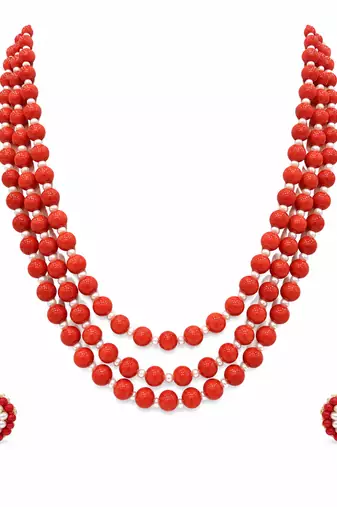Red coral bead 3-layer necklace set with pearl stud earrings