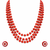 Red coral bead 3-layer necklace set with pearl stud earrings