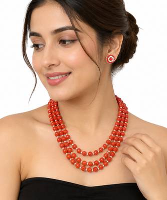 Red coral bead 3-layer necklace set with pearl stud earrings 4