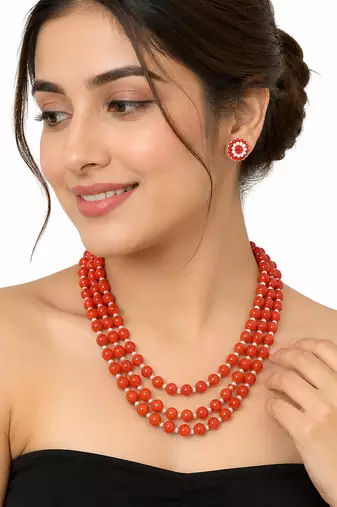 Red coral bead 3-layer necklace set with pearl stud earrings
