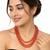 Red coral bead 3-layer necklace set with pearl stud earrings