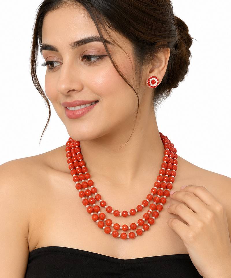 Red coral bead 3-layer necklace set with pearl stud earrings
