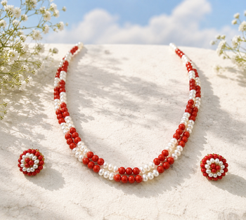 Red coral bead & pearl double strand necklace and earring set 1