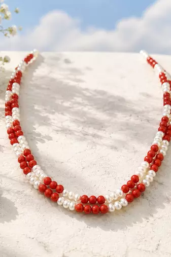 Red coral bead & pearl double strand necklace and earring set
