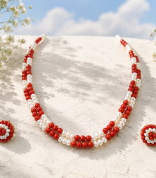 Red coral bead & pearl double strand necklace and earring set