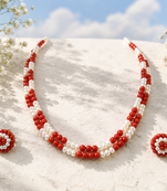 Red coral bead & pearl double strand necklace and earring set