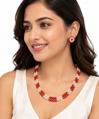 Red coral bead & pearl double strand necklace and earring set 2
