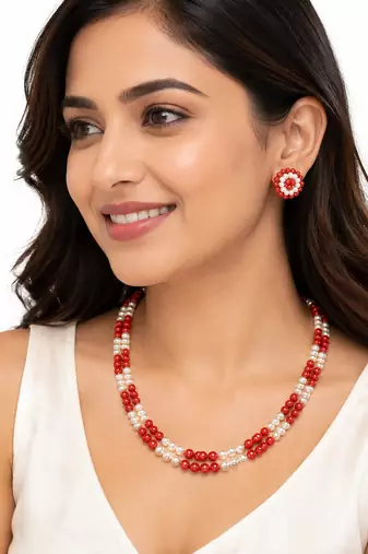 Red coral bead & pearl double strand necklace and earring set
