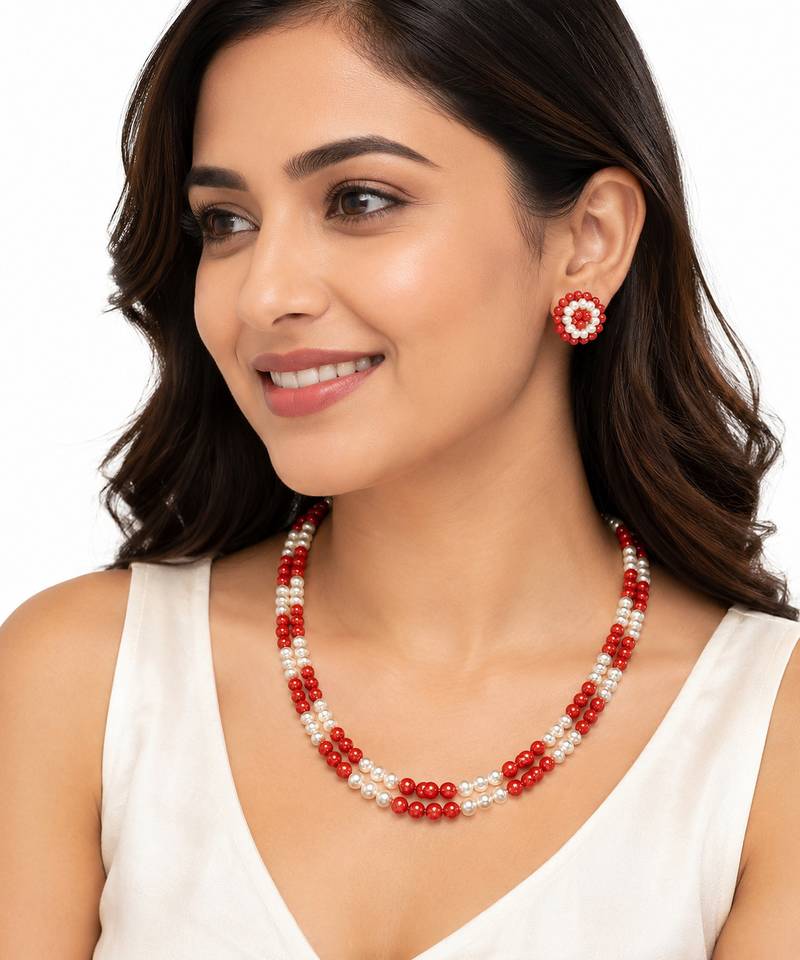 Red coral bead & pearl double strand necklace and earring set