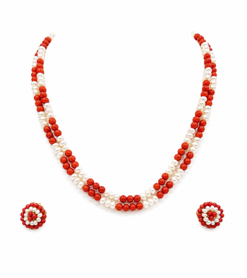 Red coral bead & pearl double strand necklace and earring set 3