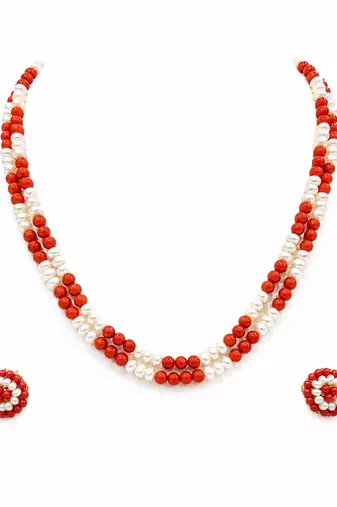Red coral bead & pearl double strand necklace and earring set