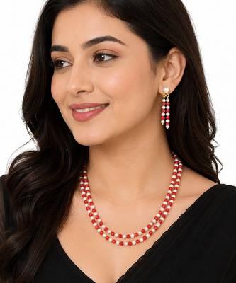 Double strand pearl and red coral bead necklace set with earrings 1