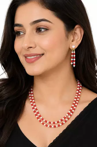 Double strand pearl and red coral bead necklace set with earrings