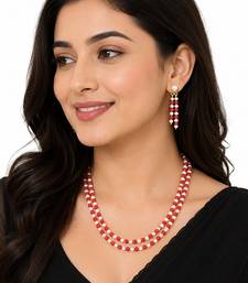 Double strand pearl and red coral bead necklace set with earrings