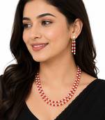 Double strand pearl and red coral bead necklace set with earrings