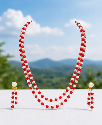 Double strand pearl and red coral bead necklace set with earrings 2