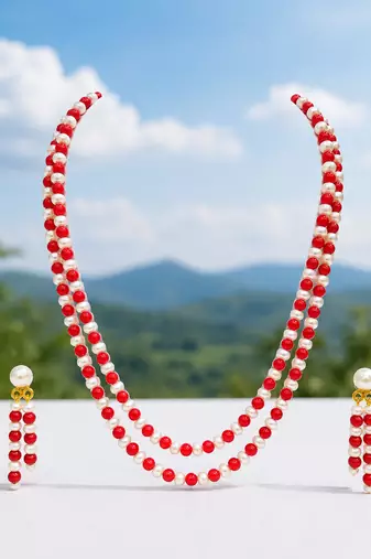 Double strand pearl and red coral bead necklace set with earrings