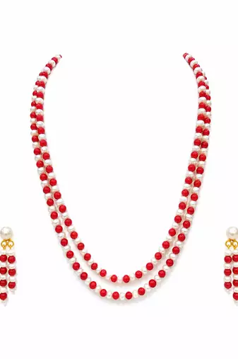 Double strand pearl and red coral bead necklace set with earrings