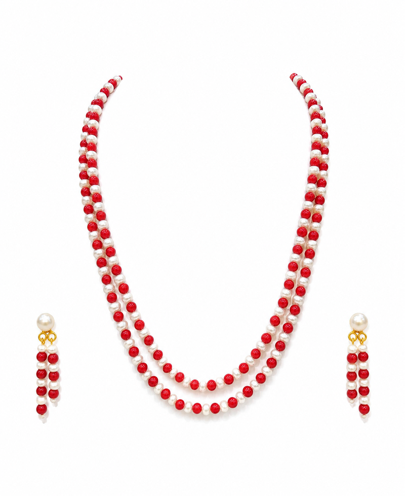 Double strand pearl and red coral bead necklace set with earrings