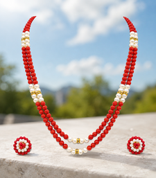New red coral bead & pearl double strand necklace and earring set