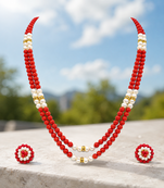 New red coral bead & pearl double strand necklace and earring set