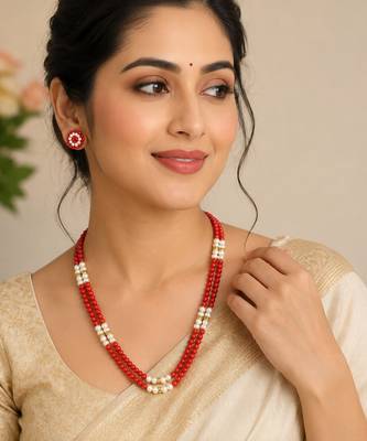 New red coral bead & pearl double strand necklace and earring set 2