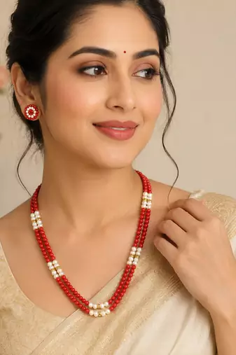 New red coral bead & pearl double strand necklace and earring set