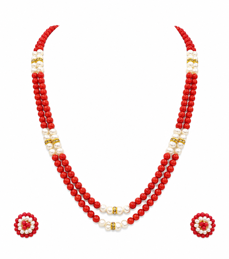 New red coral bead & pearl double strand necklace and earring set