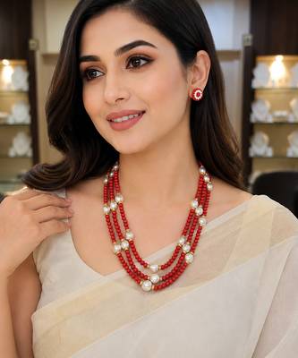 Gold-tone spacers, floral stud earrings, traditional indian wear, multi-strand design, red & white colour 1