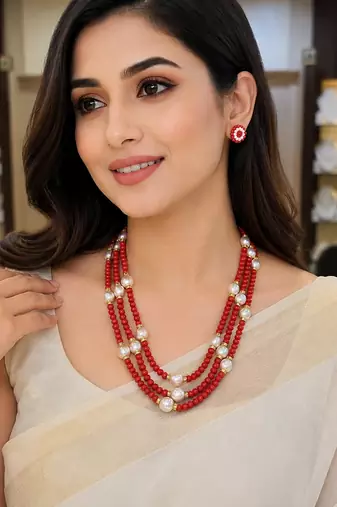 Gold-tone spacers, floral stud earrings, traditional indian wear, multi-strand design, red & white colour