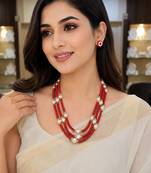 Gold-tone spacers, floral stud earrings, traditional indian wear, multi-strand design, red & white colour