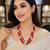 Gold-tone spacers, floral stud earrings, traditional indian wear, multi-strand design, red & white colour