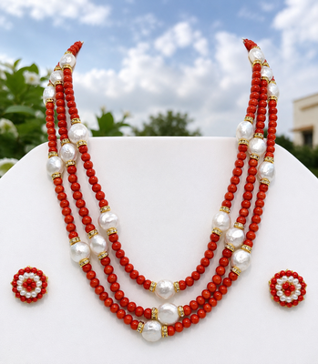 Gold-tone spacers, floral stud earrings, traditional indian wear, multi-strand design, red & white colour 2