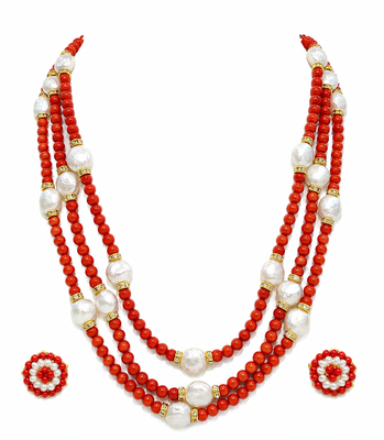 Gold-tone spacers, floral stud earrings, traditional indian wear, multi-strand design, red & white colour 3