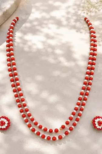 Red coral & pearl double strand beaded necklace set with earrings