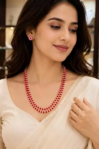 Red coral & pearl double strand beaded necklace set with earrings