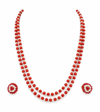 Red coral & pearl double strand beaded necklace set with earrings 3