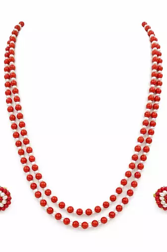 Red coral & pearl double strand beaded necklace set with earrings