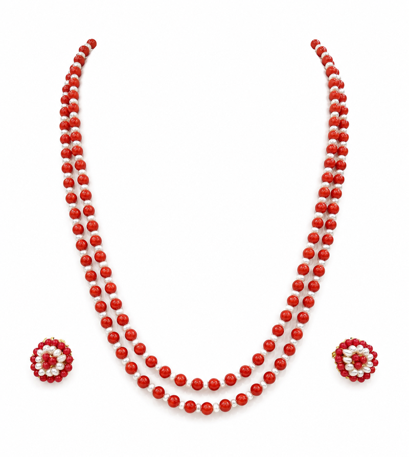 Red coral & pearl double strand beaded necklace set with earrings