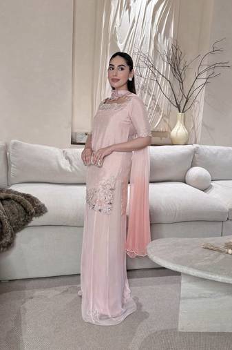 Women's Gorgeous Embroidery Work Roman Glass Silk Fabric Straight Kurta Sharara and Dupatta Set