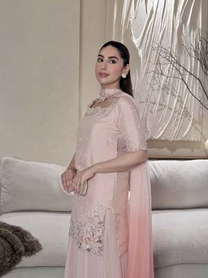 Women's Gorgeous Embroidery Work Roman Glass Silk Fabric Straight Kurta Sharara and Dupatta Set 3
