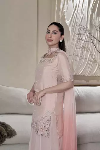 Women's Gorgeous Embroidery Work Roman Glass Silk Fabric Straight Kurta Sharara and Dupatta Set