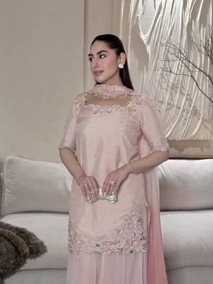 Embroidered Roman Glass Silk Straight Kurta Sharara and Dupatta Set 1