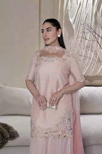 Embroidered Roman Glass Silk Straight Kurta Sharara and Dupatta Set