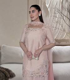 Embroidered Roman Glass Silk Straight Kurta Sharara and Dupatta Set