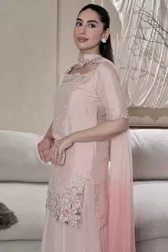 Embroidered Roman Glass Silk Straight Kurta Sharara and Dupatta Set