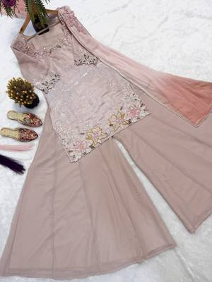 Embroidered Roman Glass Silk Straight Kurta Sharara and Dupatta Set 5